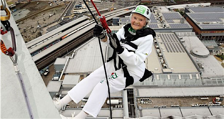 Doris abseiling down the Spinnaker Tower in Portsmouth - the person to have achieved such a feat!